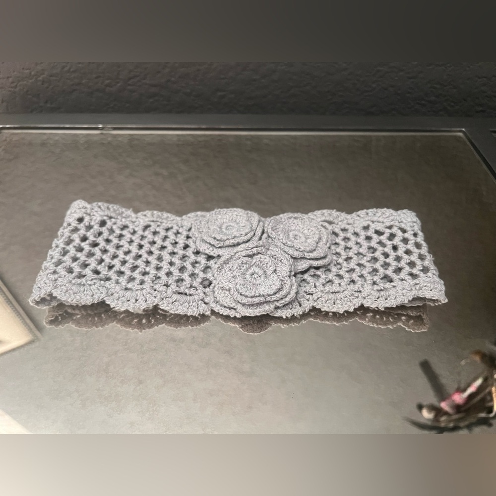 Grey Crochet Headband with Brown Button Closure